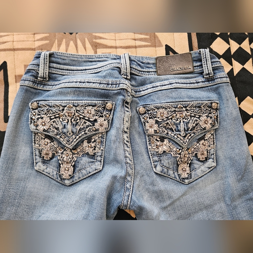 Grace LA Light Blue Embellished Boot Cut Jeans